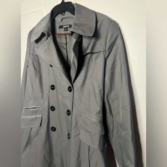 DKNY Gray Belted Trench Coat Medium Classic Double Breasted - Picture 7 of 16